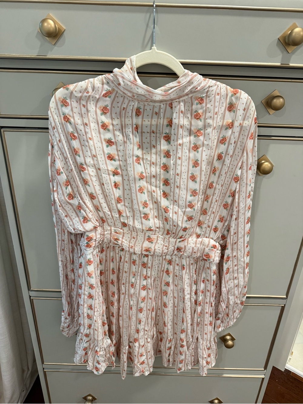 Floral Stripe High-Neck Dress - White with Coral Roses